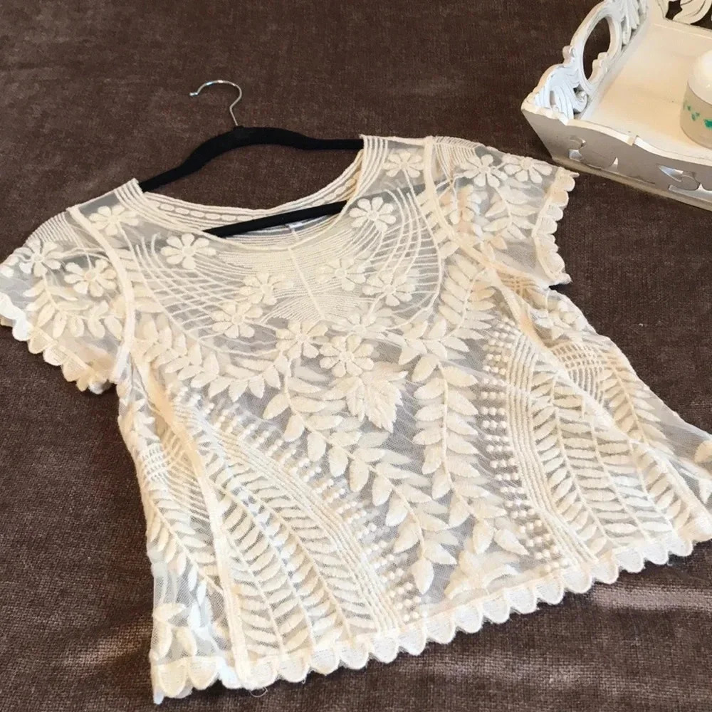 Express Cream Sheer Top with floral details